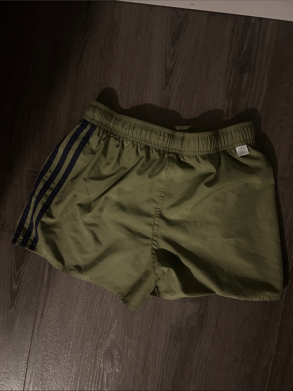 adidas Olive Green Shorts with Navy Three-Stripes - Picture 2 of 3